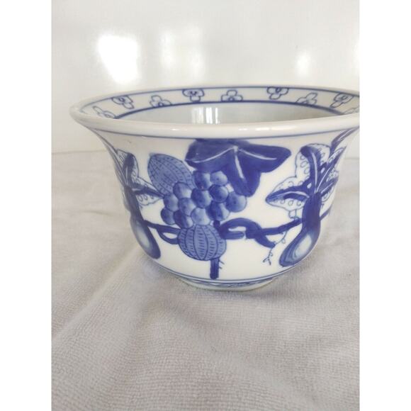 Vintage Asian Flower Pot 6" Blue and White  Hand Painted Eggplant Melons China - Picture 3 of 10